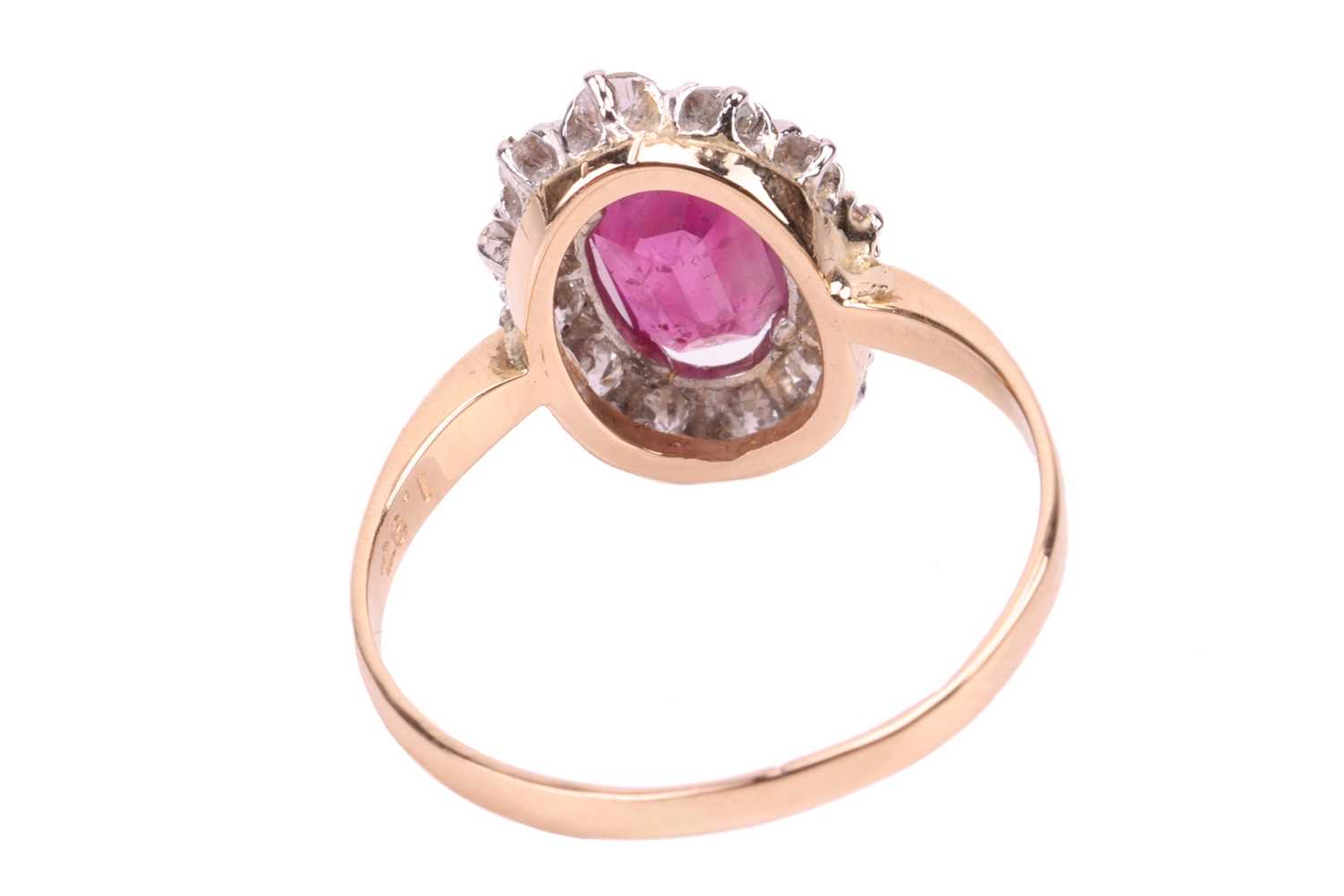 An unheated Burmese ruby and diamond entourage ring, centred with a cushion-cut ruby of 1.37ct, appr - Image 3 of 6