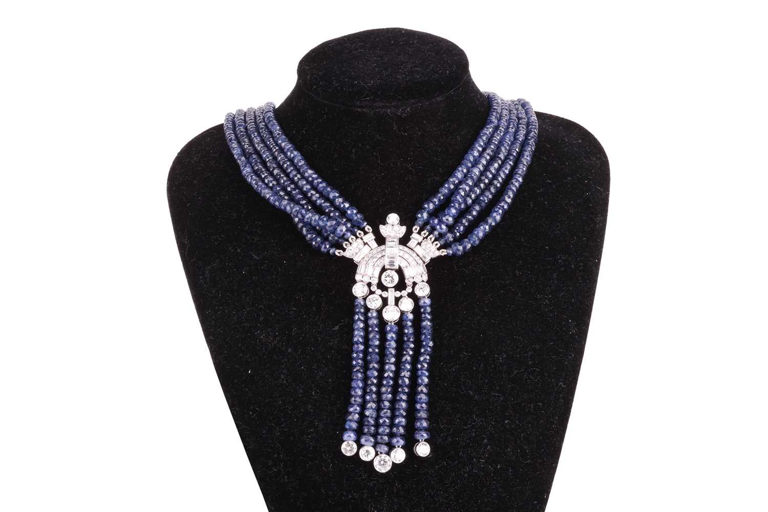 An Art Deco style beaded sapphire and diamond sautoir necklace, composed of five strands of faceted  - Image 2 of 4