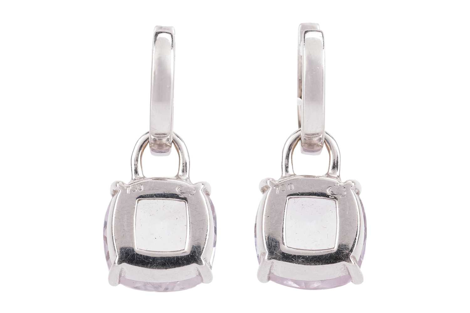 A pair of amethyst and diamond drop earrings, each comprising a diamond-set hoop surmount, suspendin - Image 3 of 4