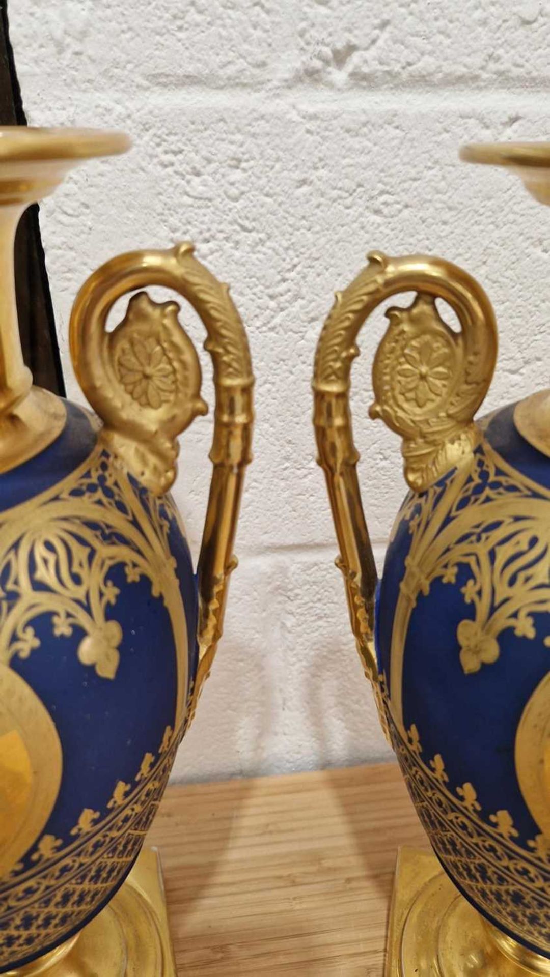A pair of late 19th-century French pedestal vases, (possibly Paris Porcelain), gilt decorated on a d - Image 8 of 14
