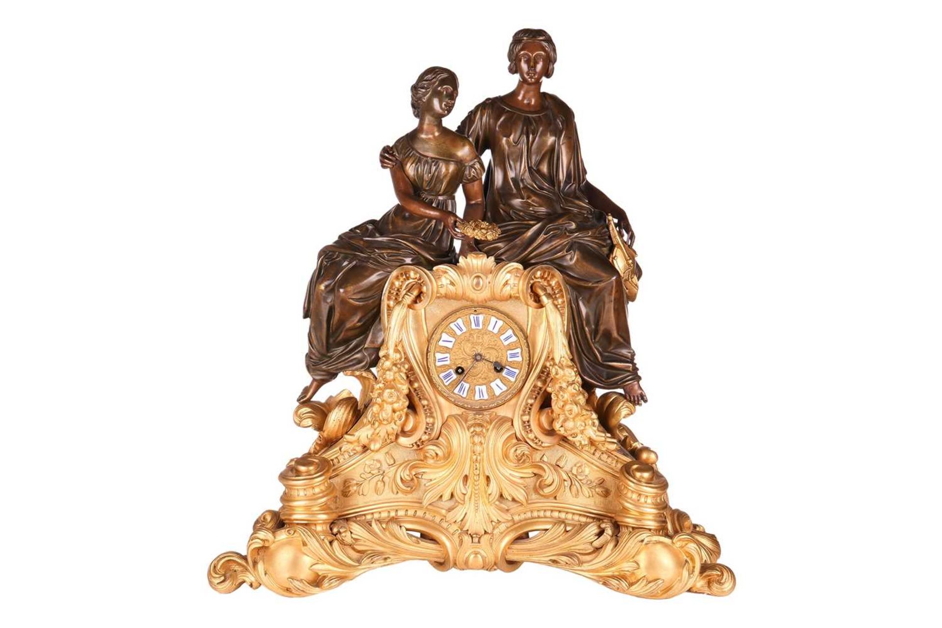 A French late 19th-century ormolu and bronze mantel clock, inscribed 'Rainco a Paris', the figures o