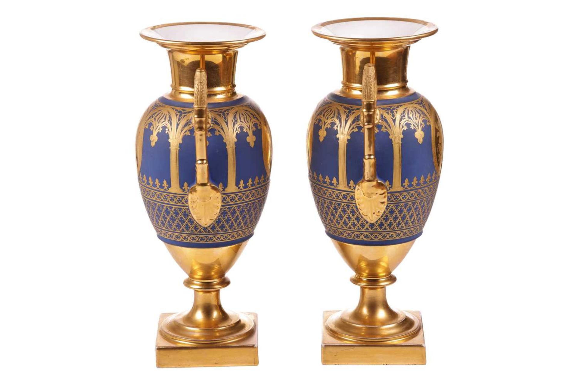 A pair of late 19th-century French pedestal vases, (possibly Paris Porcelain), gilt decorated on a d - Image 4 of 14