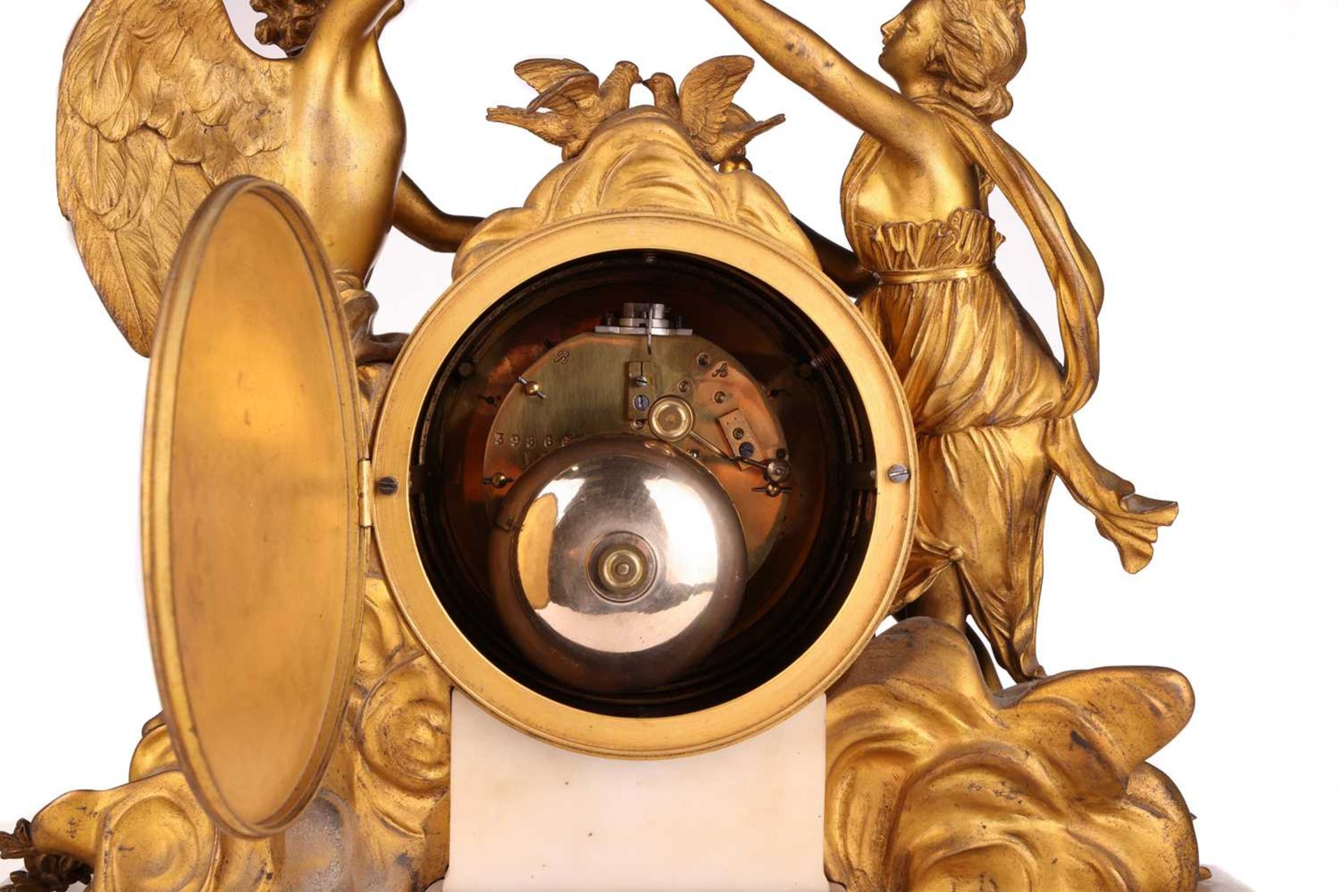 A French Le Roy et Fils (?) ormolu and white marble mantel clock with a figural mount allegorical of - Image 6 of 6