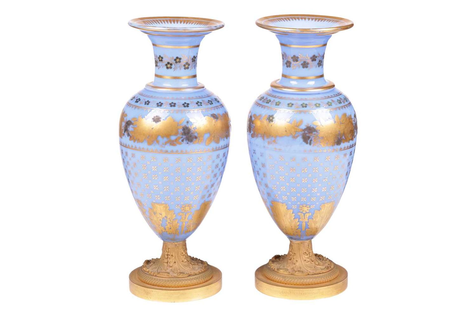 A pair of late 19th century French blue opaline glass and ormolu mounted vases, with gilt-overlaid d - Image 2 of 7