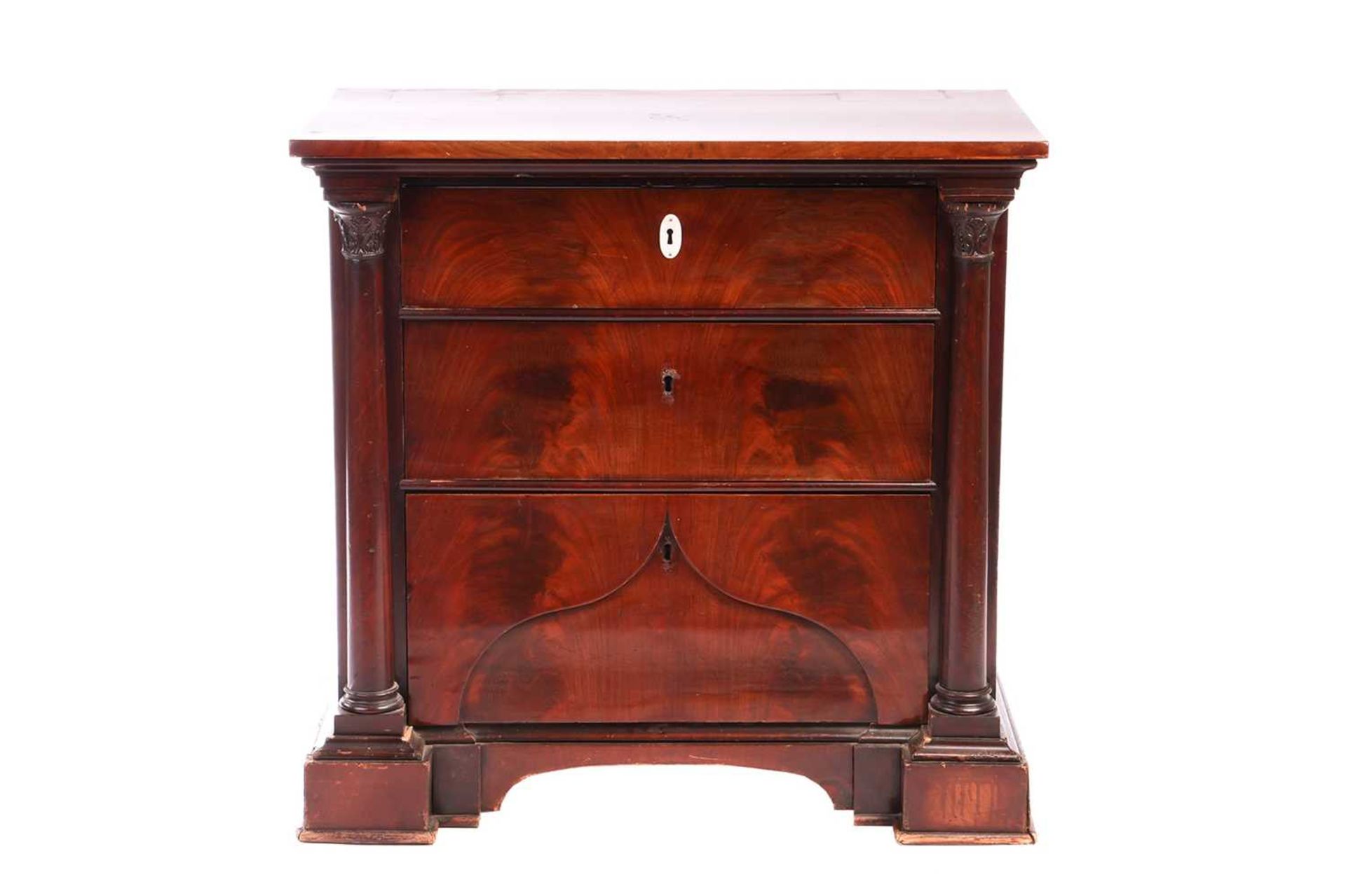 A 19th century Biedermeier or Louis Phillippe flame mahogany pier mirror and commode, the scrolling  - Image 6 of 6