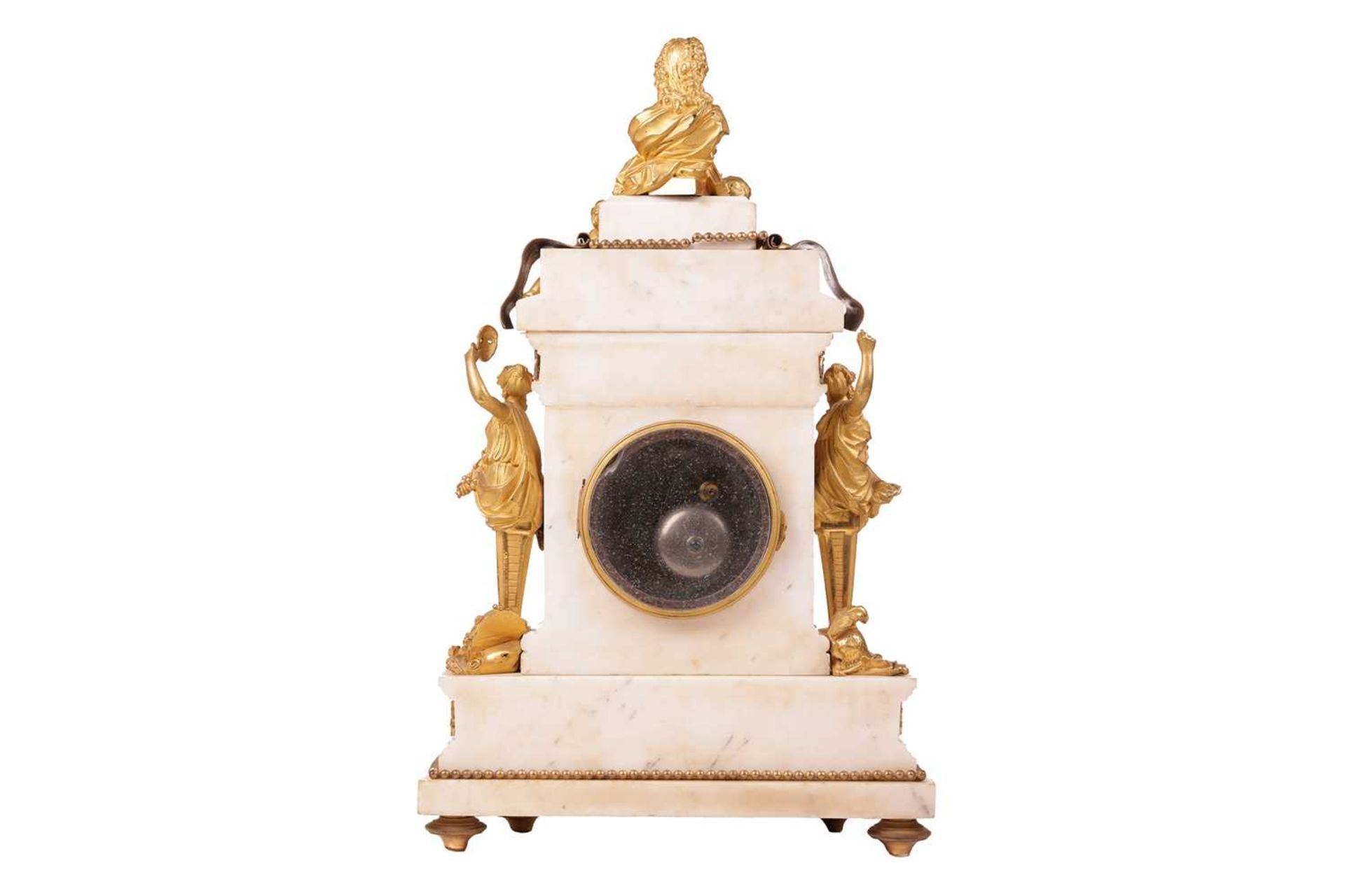 A large and ornate Louis XVI French marble and ormolu-mounted figural mantle clock, of architectural - Image 5 of 23