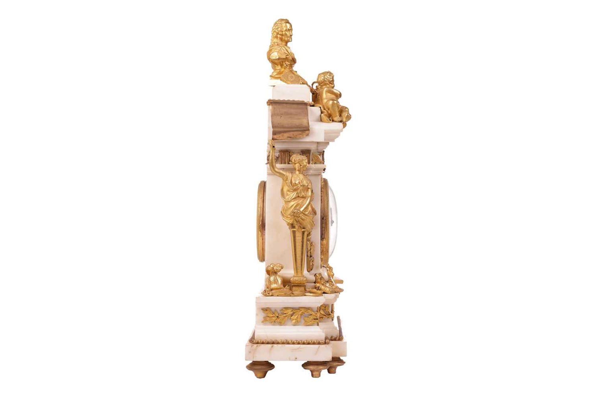 A large and ornate Louis XVI French marble and ormolu-mounted figural mantle clock, of architectural - Image 6 of 23
