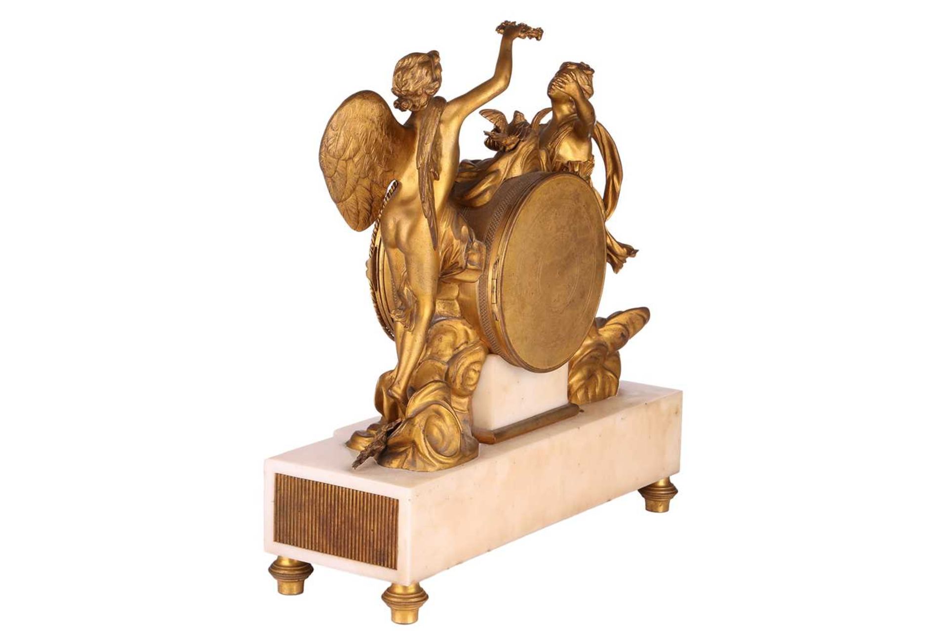 A French Le Roy et Fils (?) ormolu and white marble mantel clock with a figural mount allegorical of - Image 4 of 6