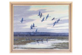 Peter Scott (1909 - 1989), Whooper swans over Marshes, signed and dated 'Peter Scott 1969' (lower