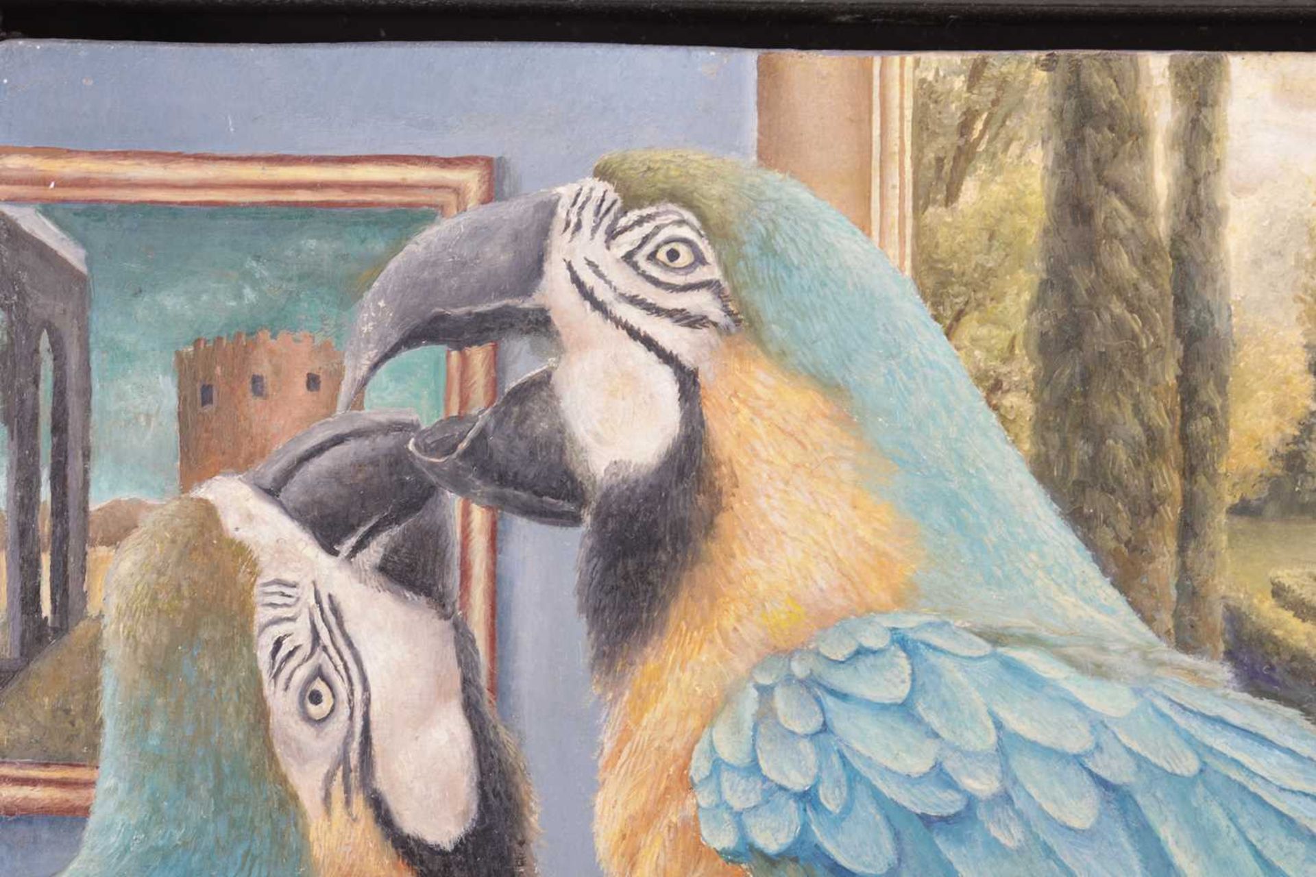 Sally Moore (b.1962), 'Birds of a Feather' (1994), labelled on the reverse, oil on panel, 30 x 52 cm - Image 3 of 12