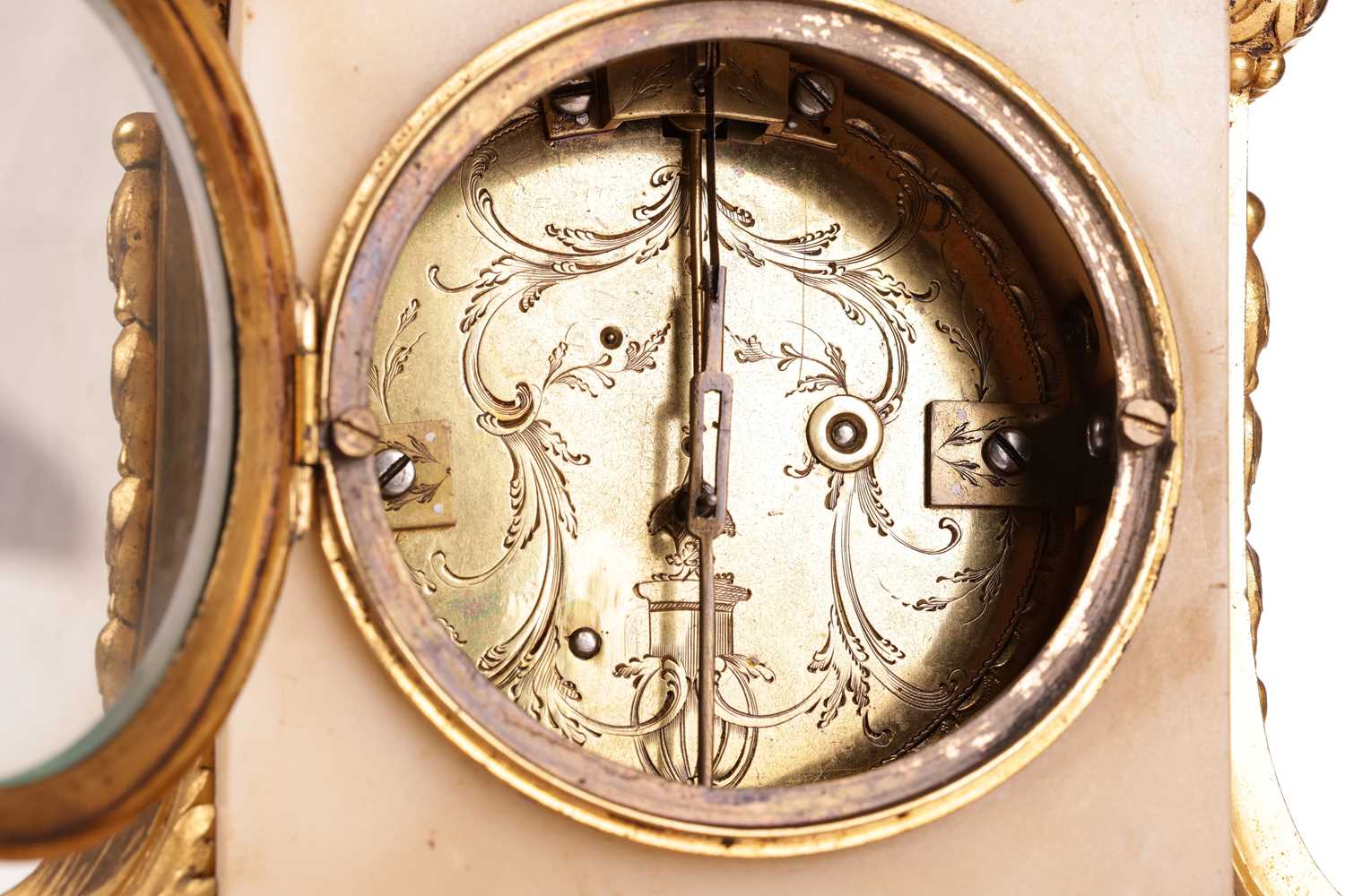 A late 19th century French white marble and gilt metal mantel timepiece clock, the top with a basket - Image 7 of 9