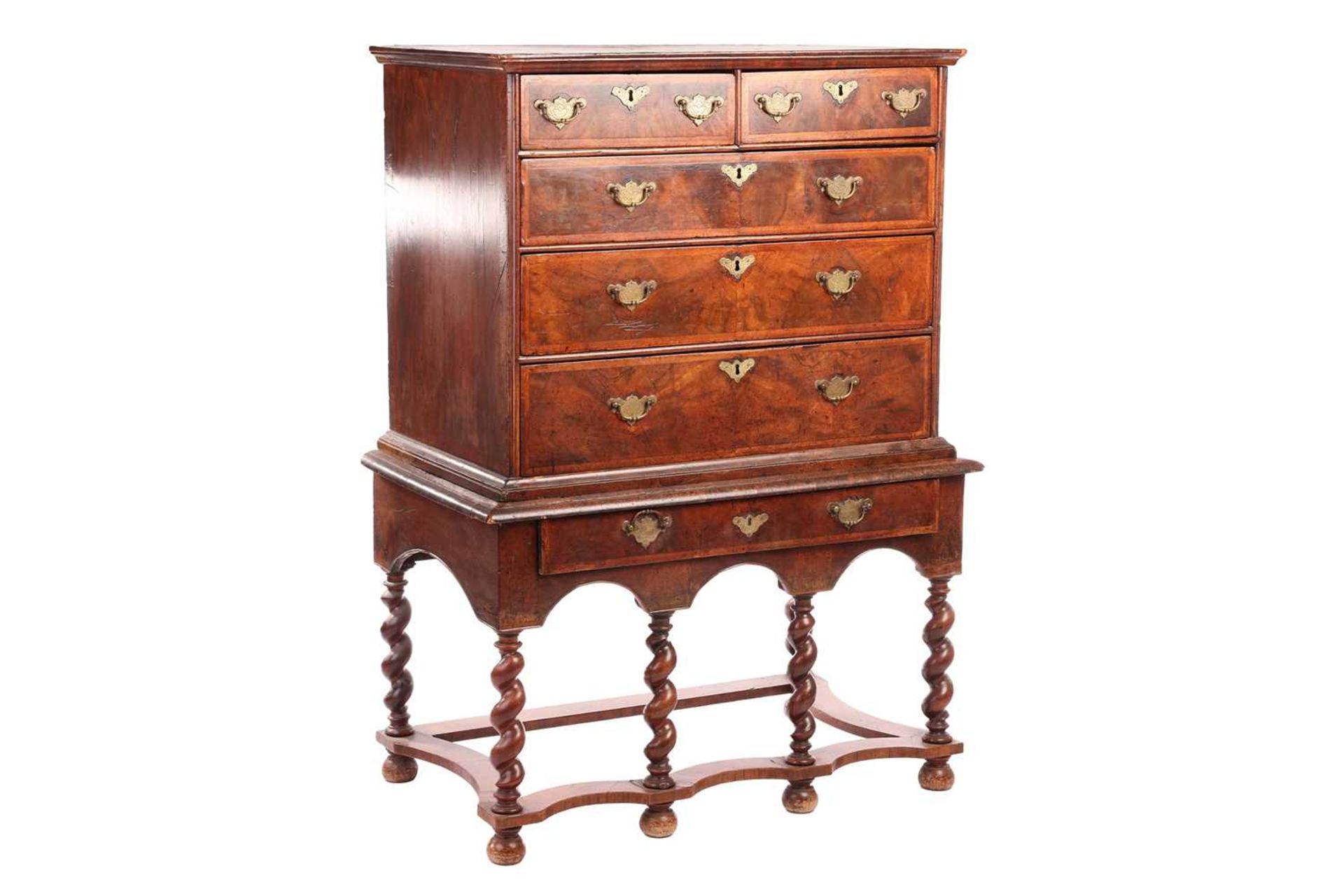 A 17th-century and later figured walnut chest on stand, the upper section with quarter veneered top  - Image 7 of 22
