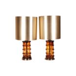 A pair of large Murano glass table lamps, amber coloured smoked glass with ribbed design, together w