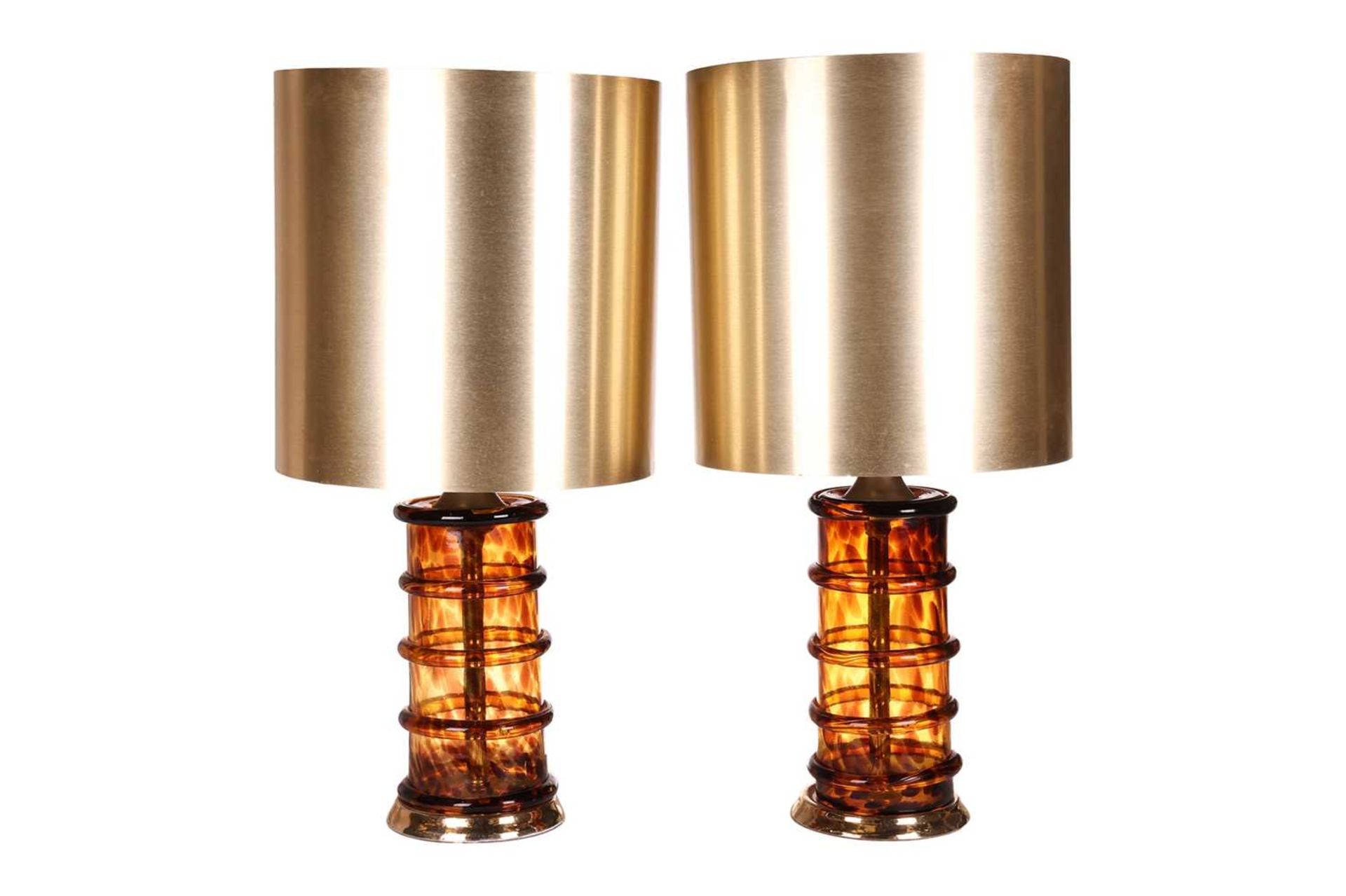 A pair of large Murano glass table lamps, amber coloured smoked glass with ribbed design, together w
