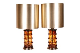 A pair of large Murano glass table lamps, amber coloured smoked glass with ribbed design, together