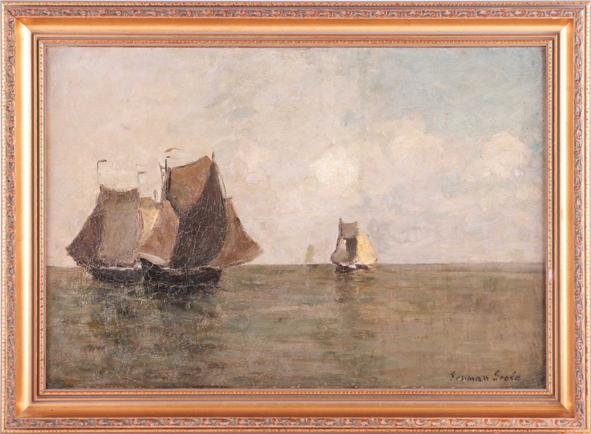 German Grobe (1857-1938), seascape with boats, oil on panel, signed to lower right corner, 32 cm x 4 - Image 2 of 7