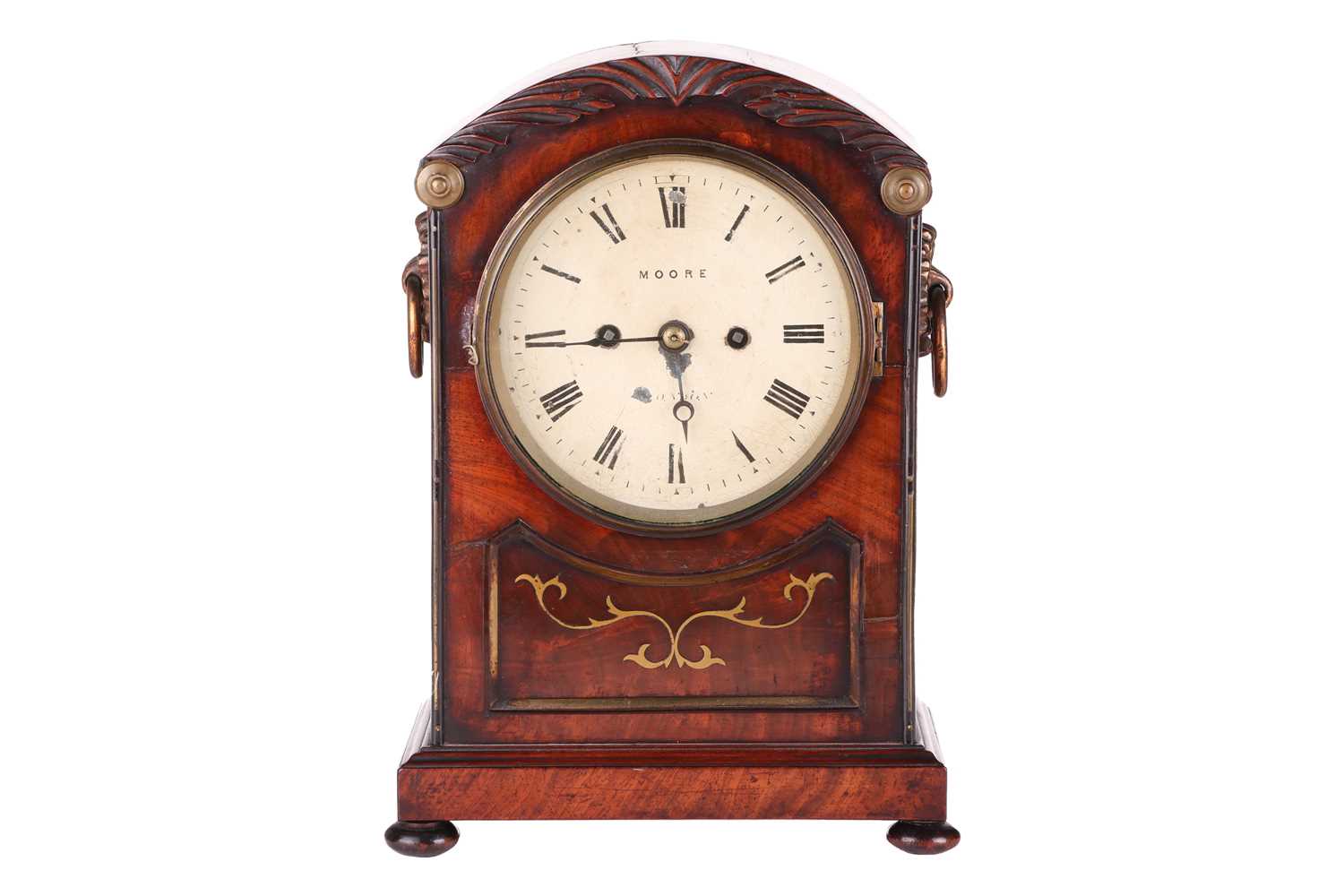Moore of London a Regency mahogany 8-day twin fusee mantel clock case, with an arched top case and p