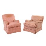 A matched pair of George Smith style upholstered armchairs, the scroll top back over upholstered arm