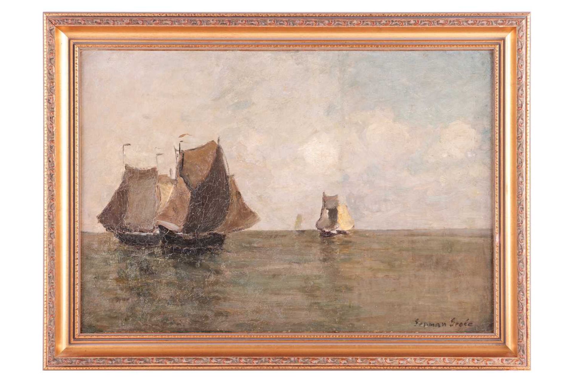 German Grobe (1857-1938), seascape with boats, oil on panel, signed to lower right corner, 32 cm x 4