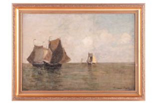 German Grobe (1857-1938), seascape with boats, oil on panel, signed to lower right corner, 32 cm x