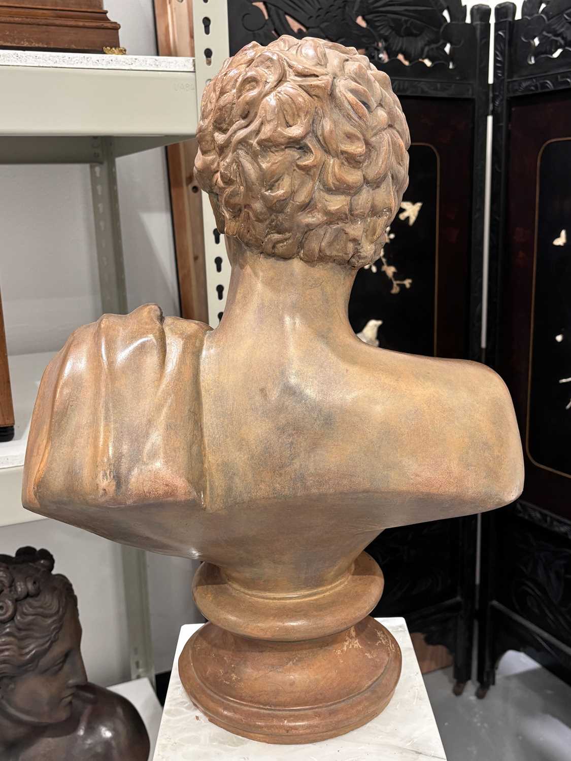 After the antique, a large terracotta bust of Hermes, on an integral socle, 57 cm x 39 cm, together  - Image 14 of 19