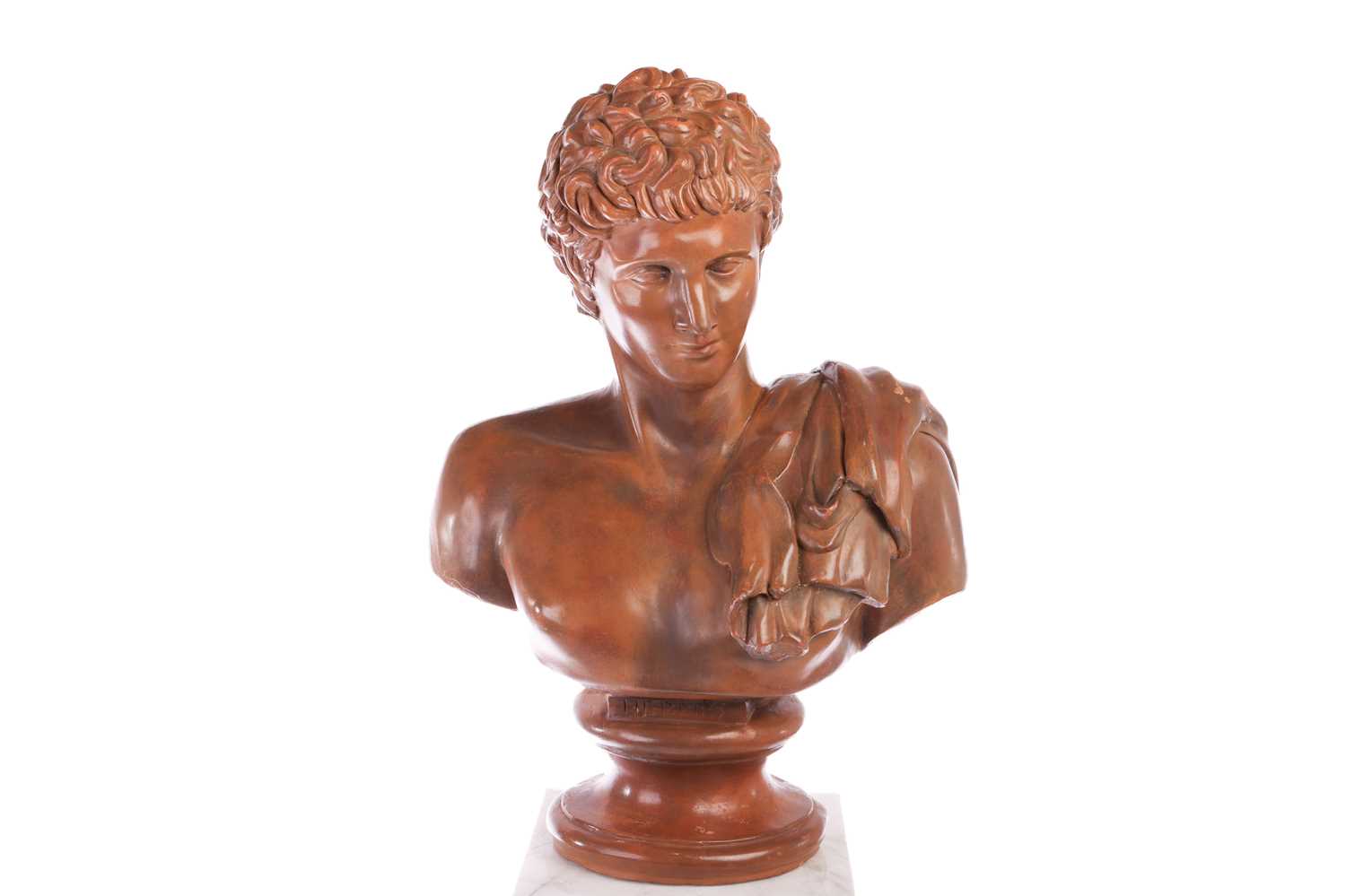 After the antique, a large terracotta bust of Hermes, on an integral socle, 57 cm x 39 cm, together  - Image 2 of 19