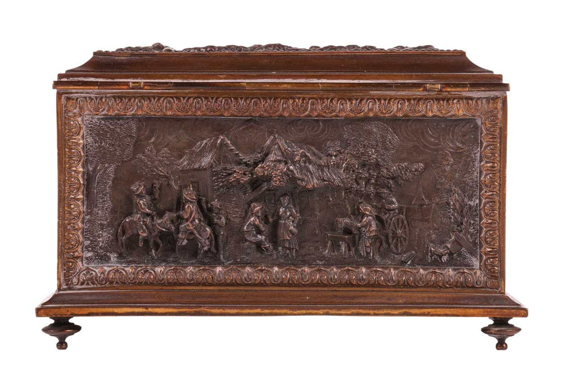 A French late 19th century gilt and oxidized bronze rectangular table casket, the caddy-top and side - Image 3 of 9