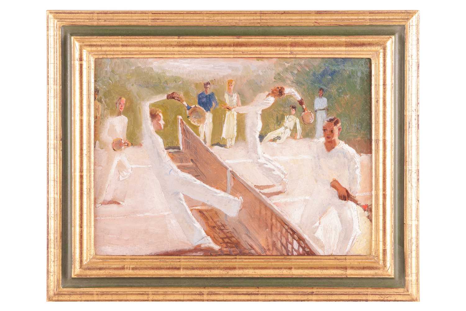 European School (Early 20th Century), The Doubles Tennis Match, unsigned, oil on canvas, 27 x 38 cm,