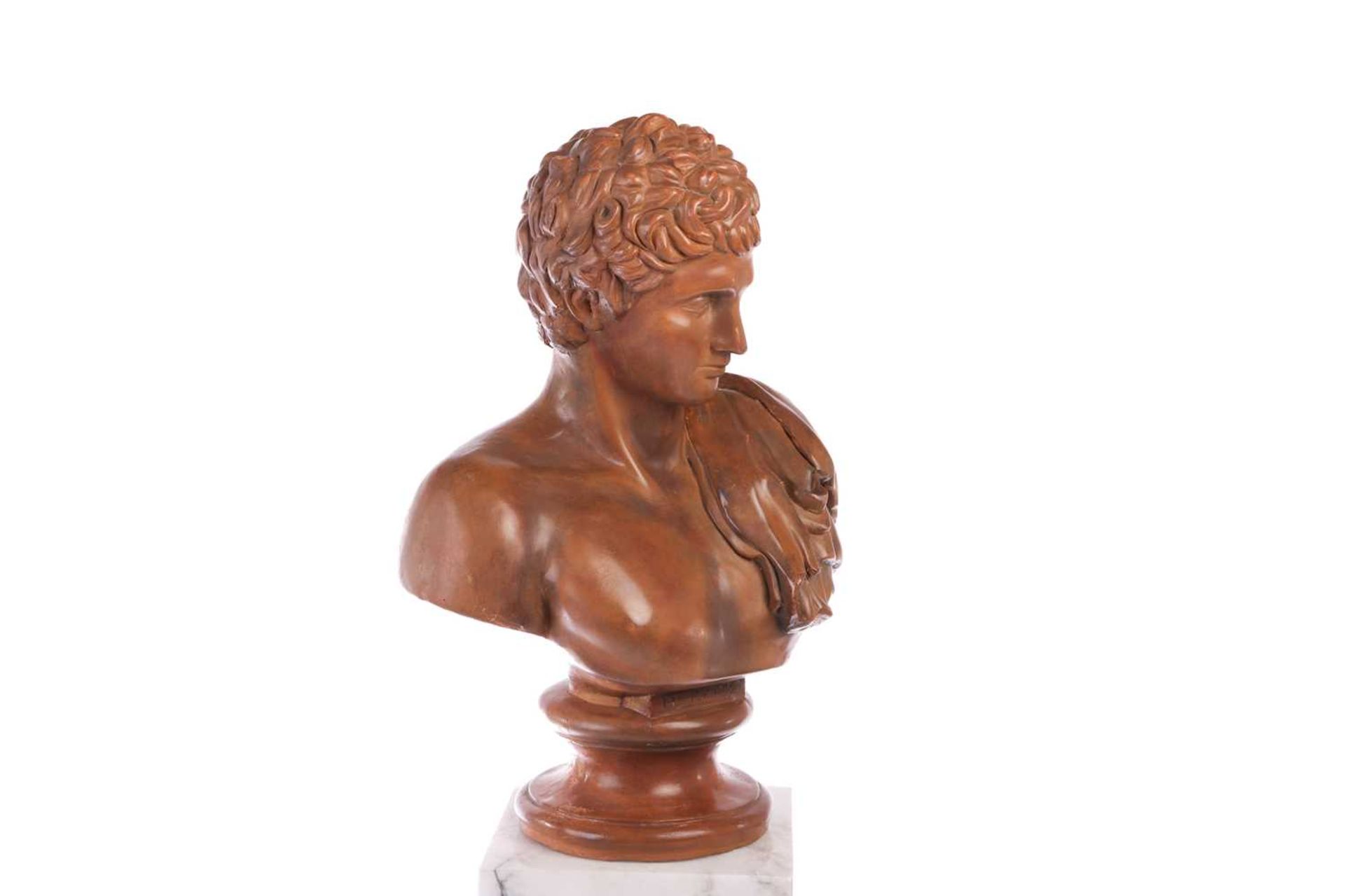 After the antique, a large terracotta bust of Hermes, on an integral socle, 57 cm x 39 cm, together  - Image 3 of 19