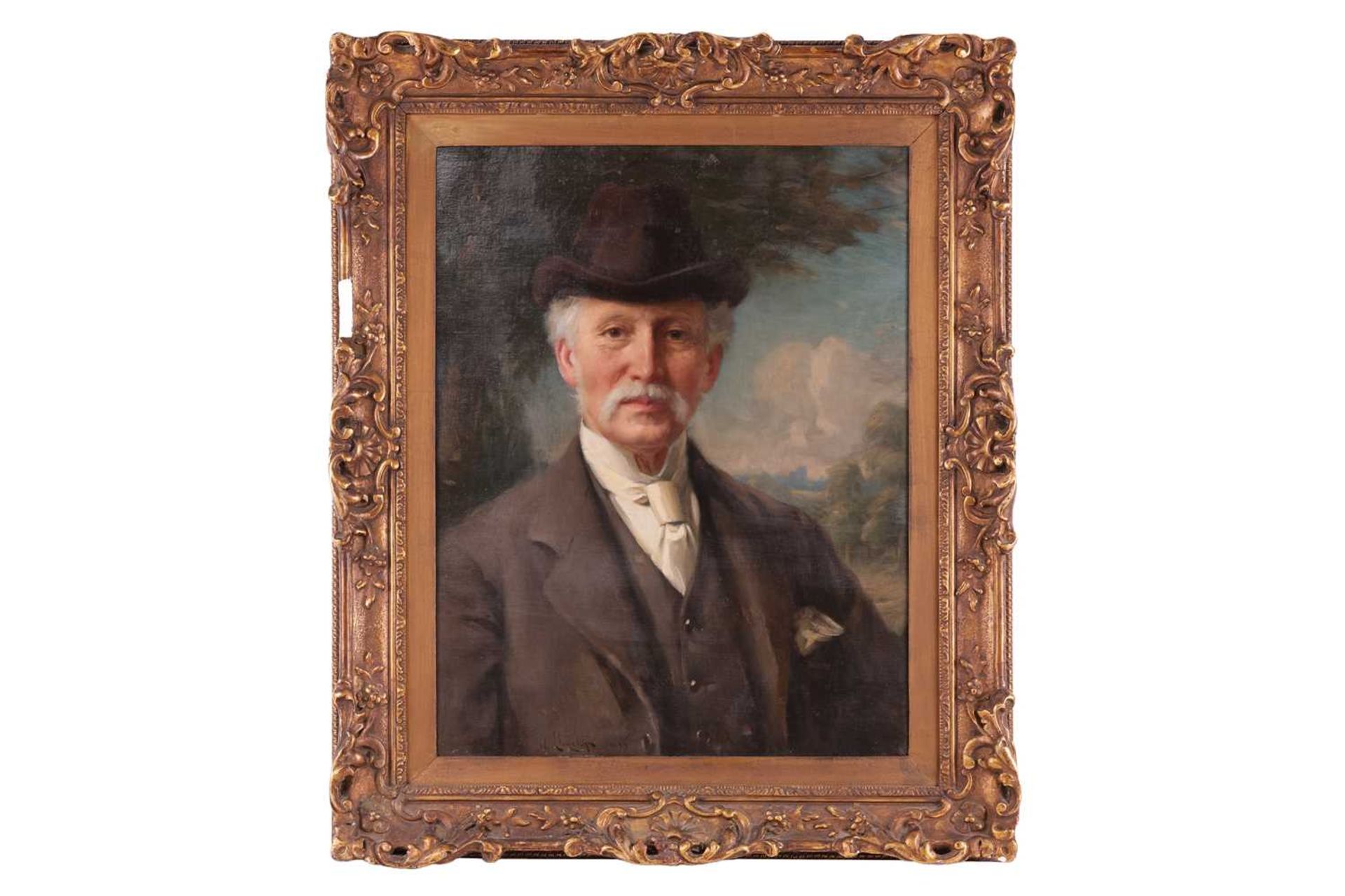 William Llwellyn (1858-1941), Bust length portrait of a gentleman in a landscape, signed 'W. Llwelly