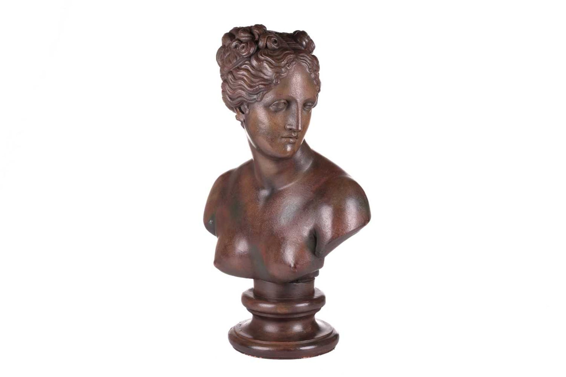 After the antique, a large eathernware and composite bust of Diana, with bronzed finish, on an inter - Image 2 of 10
