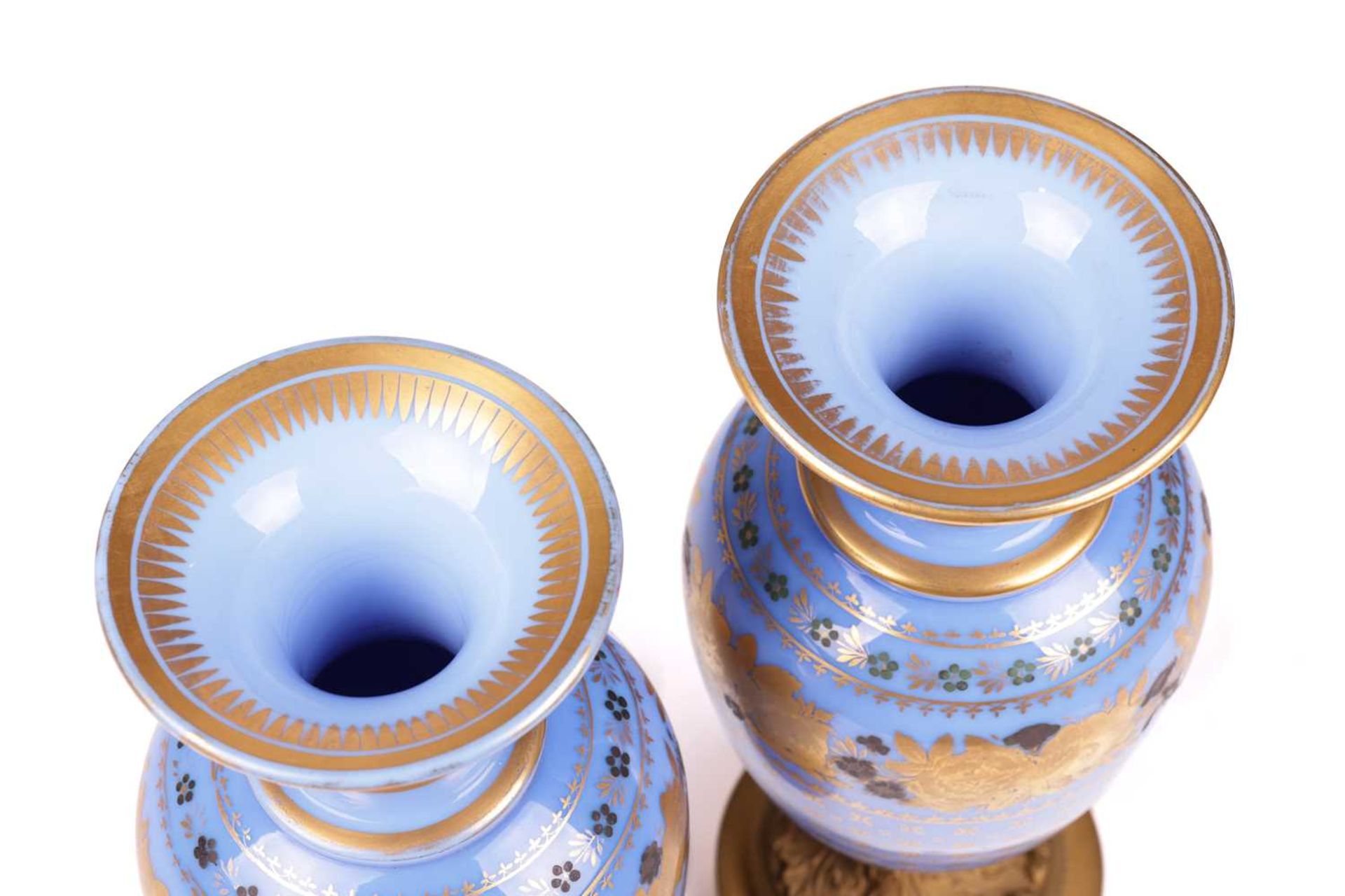 A pair of late 19th century French blue opaline glass and ormolu mounted vases, with gilt-overlaid d - Image 5 of 7