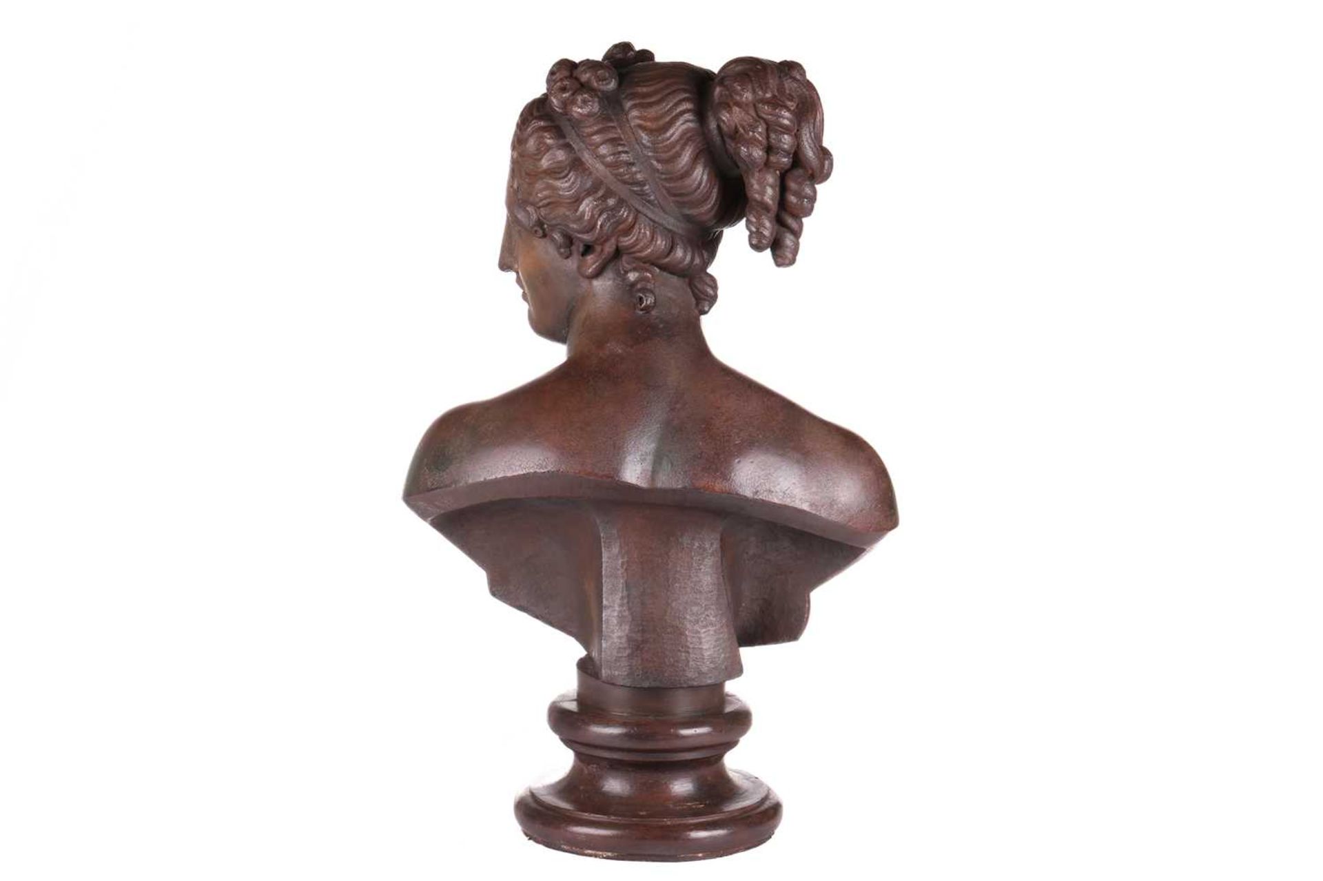 After the antique, a large eathernware and composite bust of Diana, with bronzed finish, on an inter - Image 3 of 10