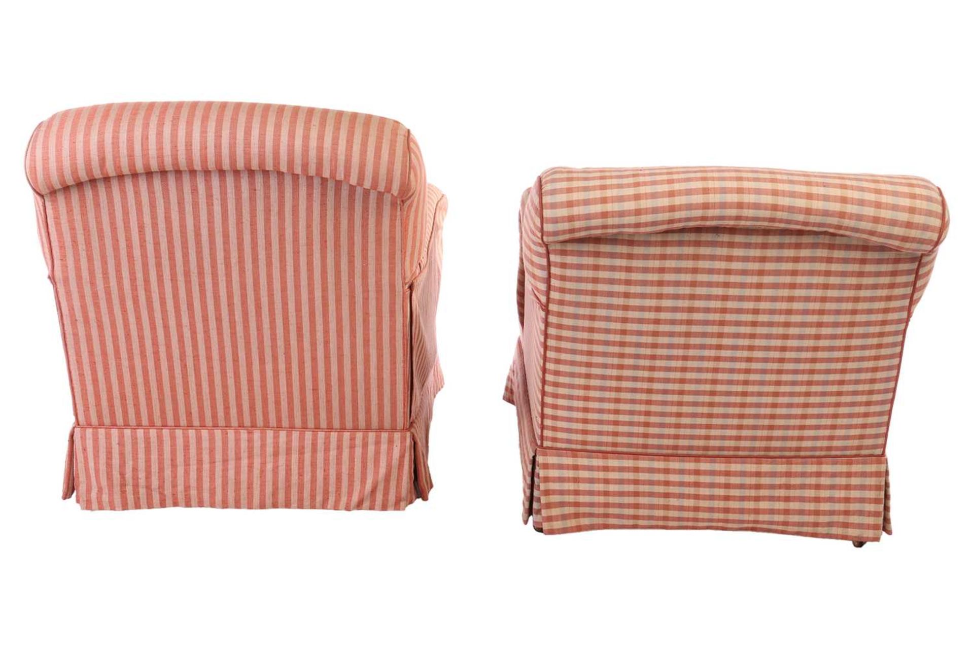 A matched pair of George Smith style upholstered armchairs, the scroll top back over upholstered arm - Image 3 of 14