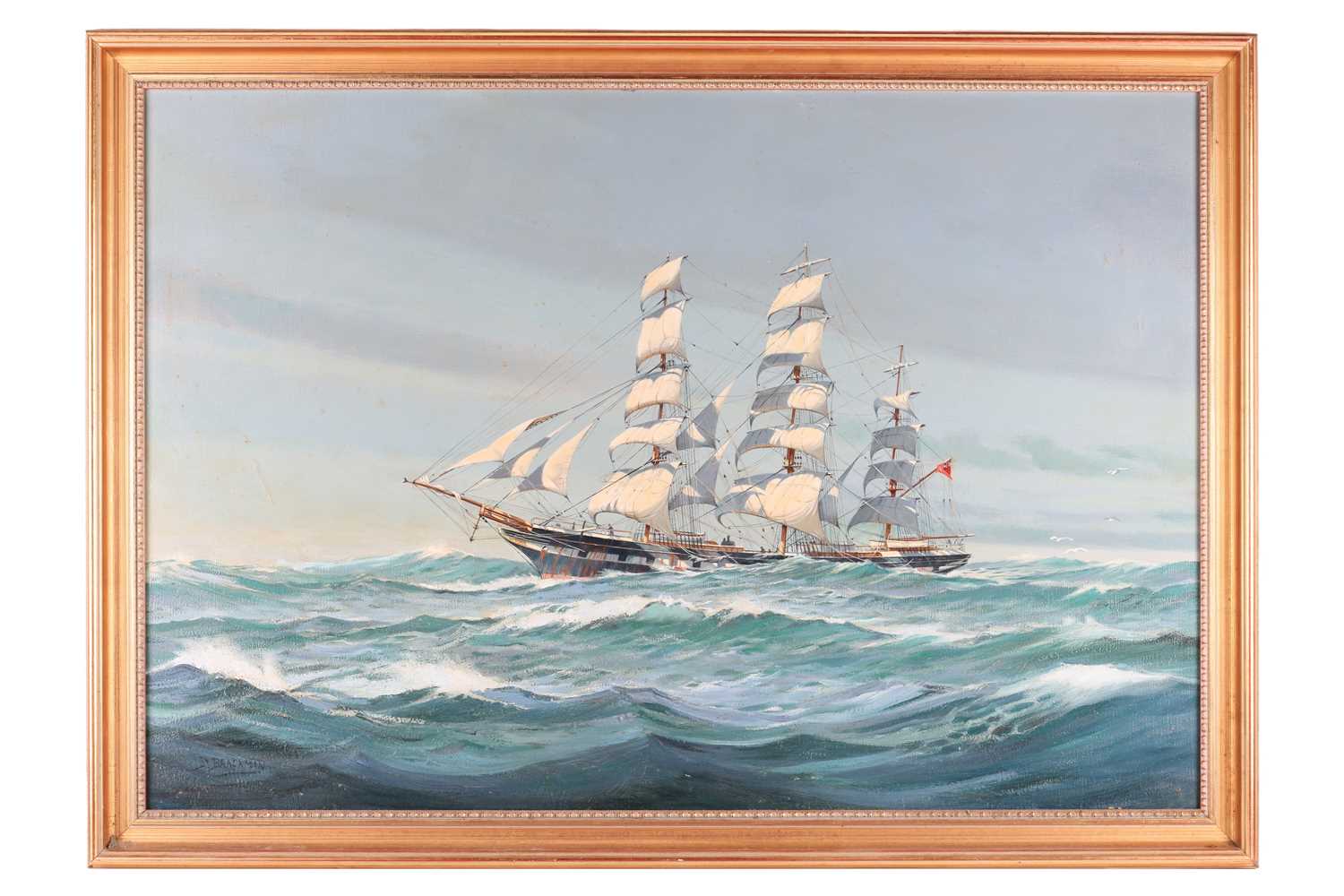 David Brackman (1932-2008), a three-masted sailing ship at sea, oil on canvas, signed to lower left 