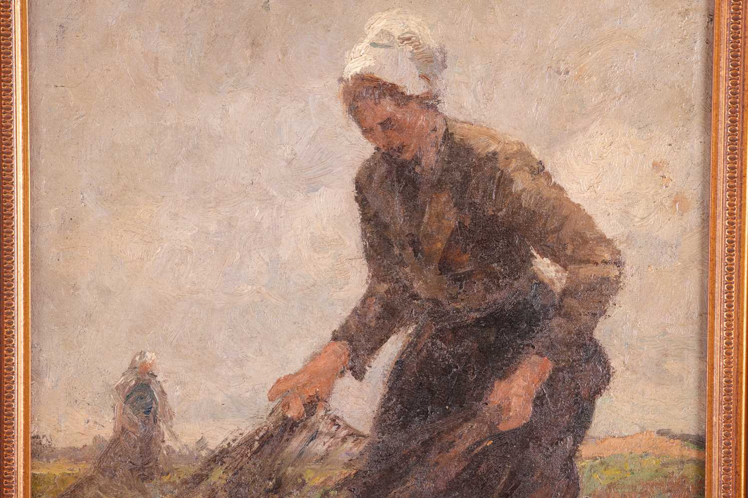 German Grobe (German, 1857-1938), Female farm worker gathering nets, signed 'German Grobe' (lower ri - Image 5 of 7