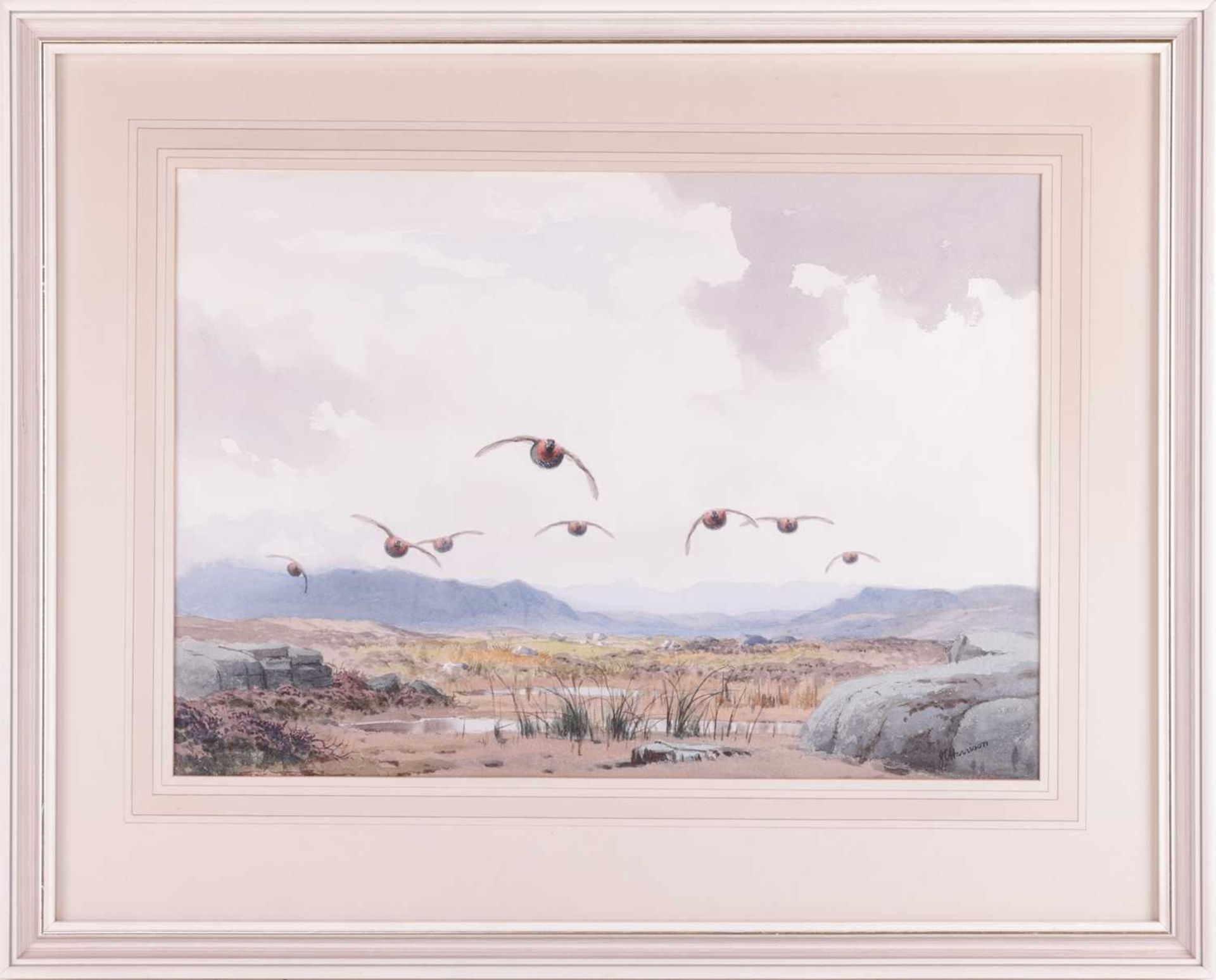 John Cyril Harrison (1898-1985), Red Grouse flying over marshlands, signed 'J. C. Harrison' (lower r - Bild 2 aus 9