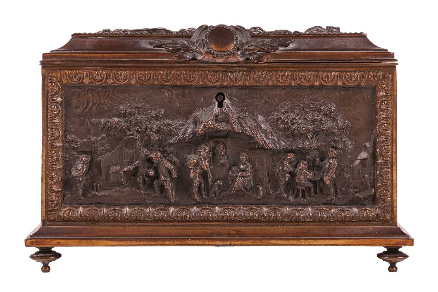 A French late 19th century gilt and oxidized bronze rectangular table casket, the caddy-top and side - Image 5 of 9