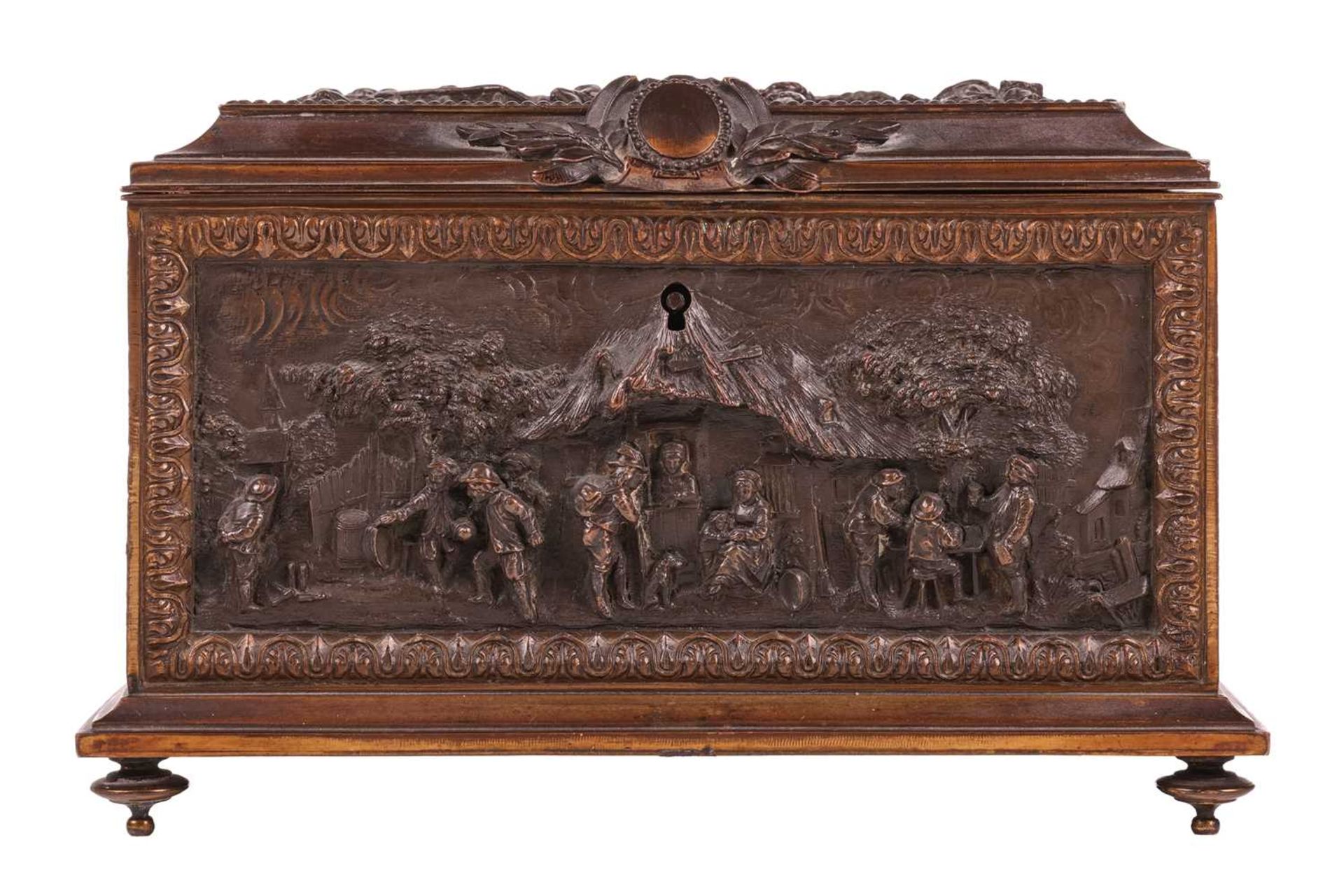 A French late 19th century gilt and oxidized bronze rectangular table casket, the caddy-top and side - Image 5 of 9
