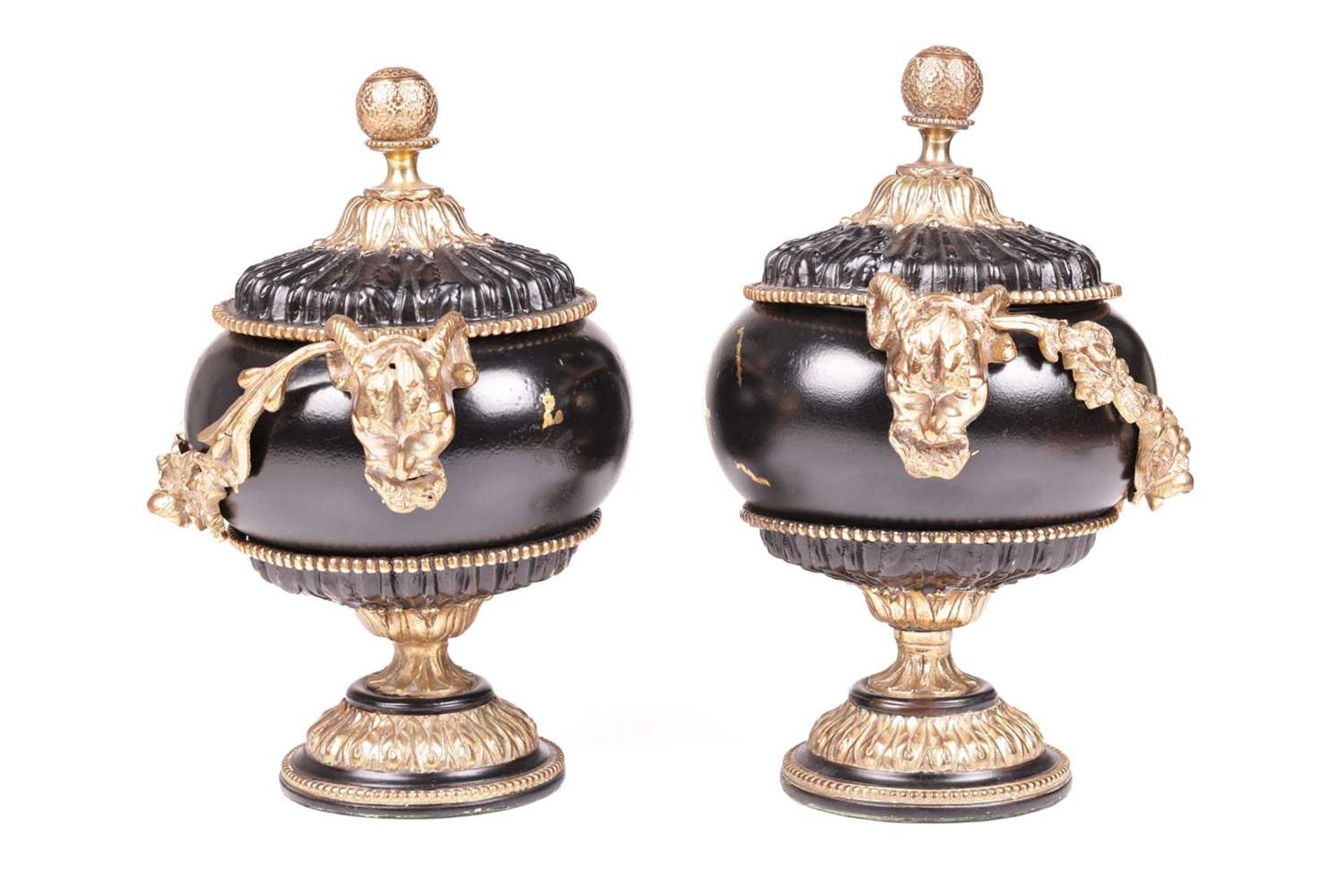 A pair of Neo-classical black lacquer urns and covers, with gilt bronze mounts, mask handles with fl - Image 4 of 8