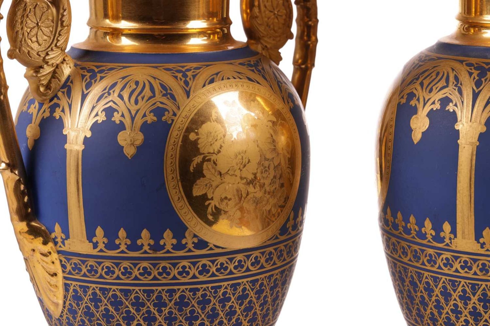 A pair of late 19th-century French pedestal vases, (possibly Paris Porcelain), gilt decorated on a d - Image 5 of 14