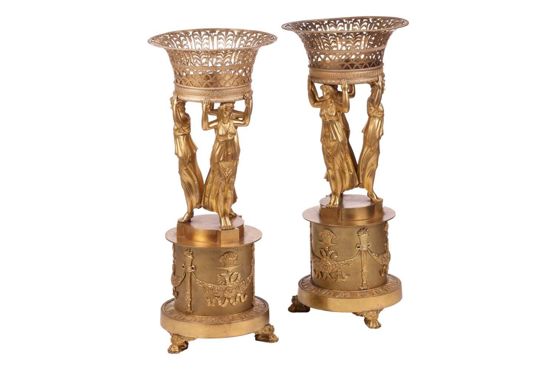 Manner of Pierre-Philippe Thomire (1751-1843) French, a pair of large ormolu Empire figural centrepi - Image 2 of 6