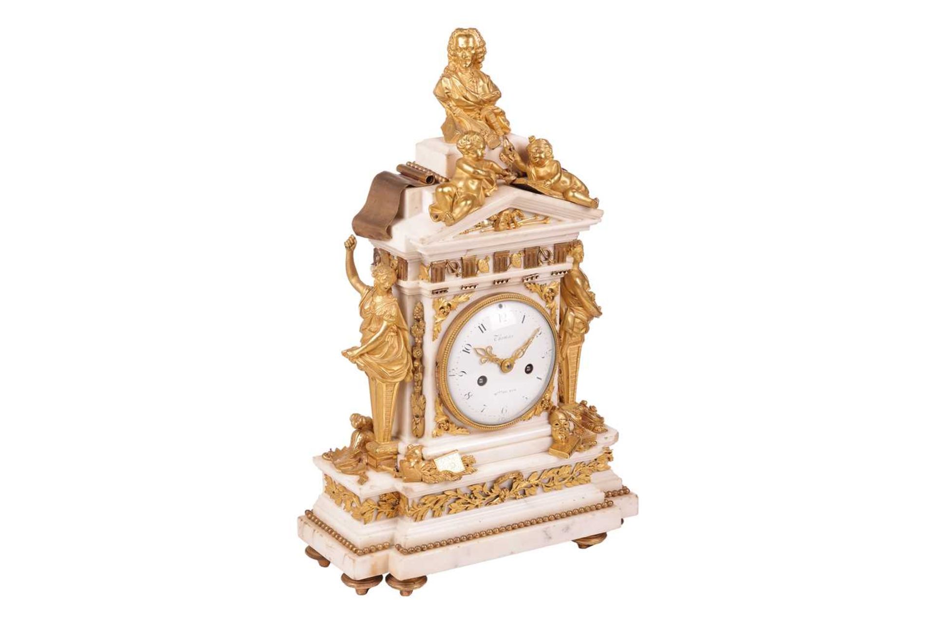 A large and ornate Louis XVI French marble and ormolu-mounted figural mantle clock, of architectural - Image 3 of 23
