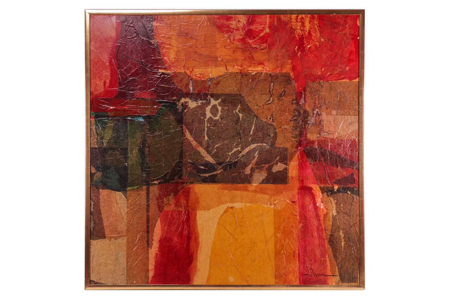 Fulton? (20th century), Abstract in reds and greens, indistinctly signed (lower right), mixed media 
