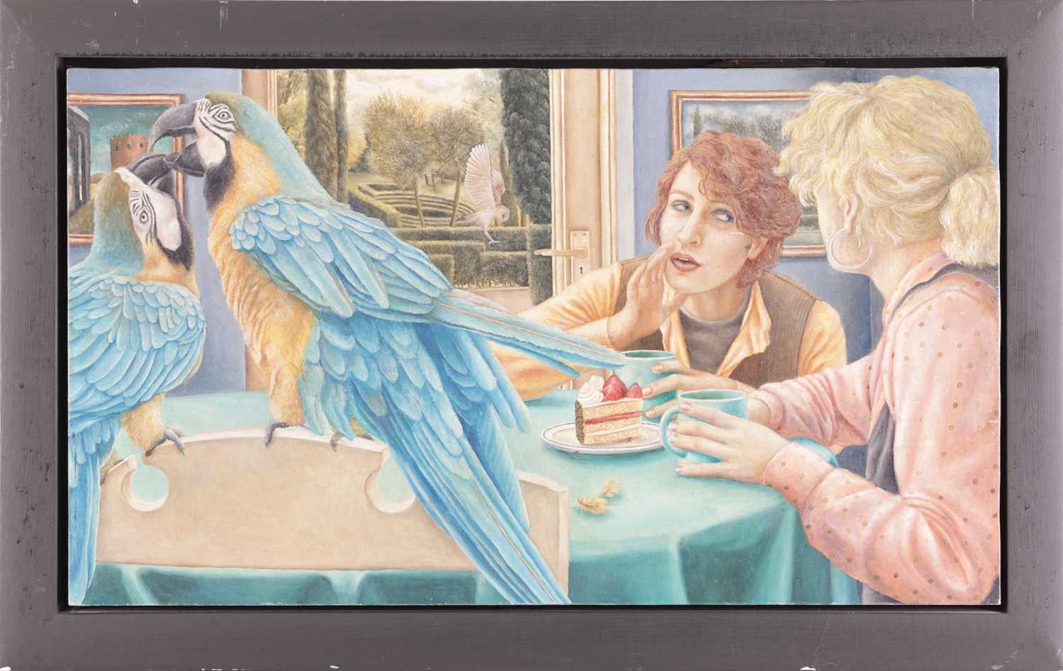 Sally Moore (b.1962), 'Birds of a Feather' (1994), labelled on the reverse, oil on panel, 30 x 52 cm - Image 2 of 12