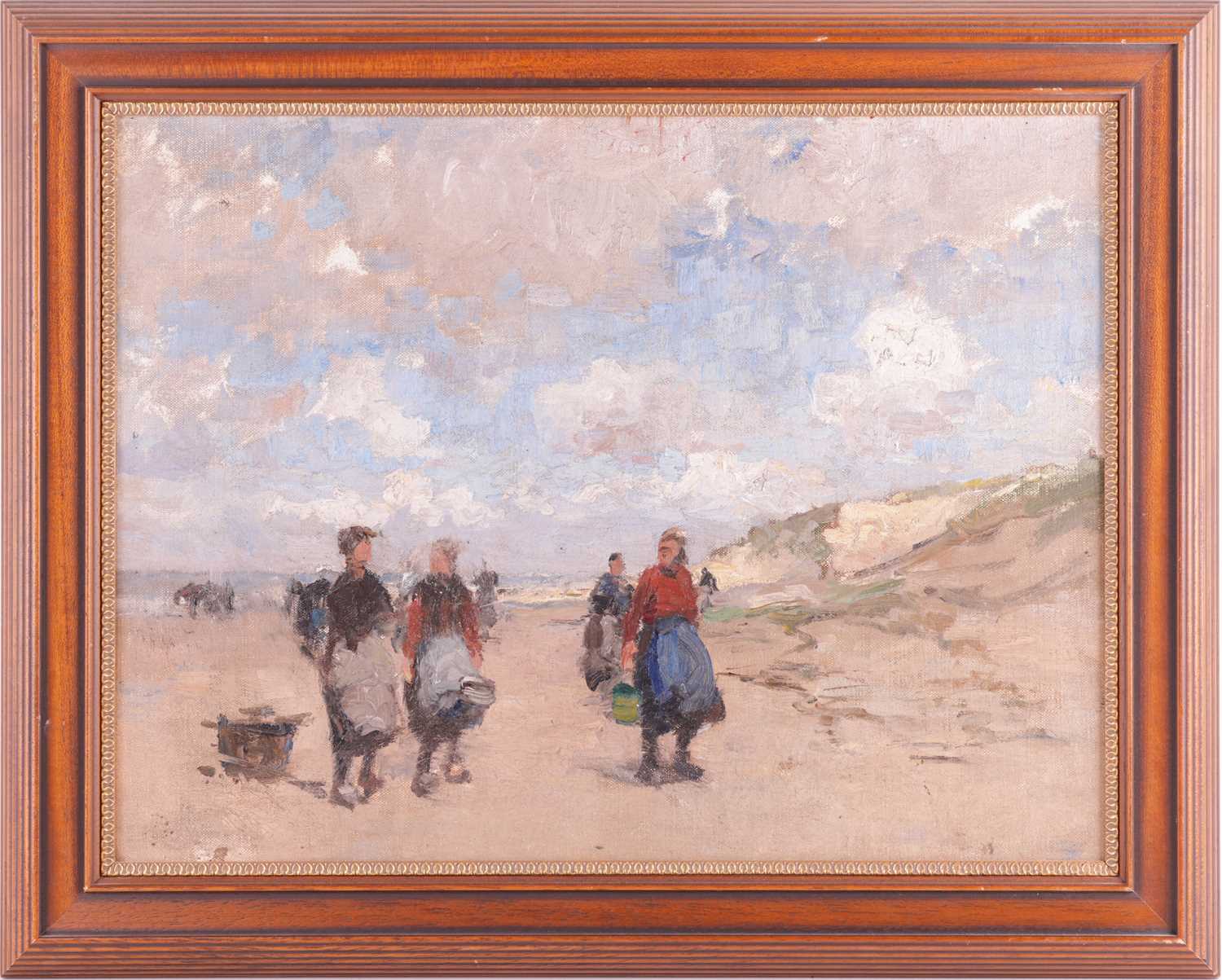 German Grobe (1857-1938), Fishermen's wives on a beach, unsigned, oil on board, 38 x 50 cm, framed 4 - Image 2 of 7