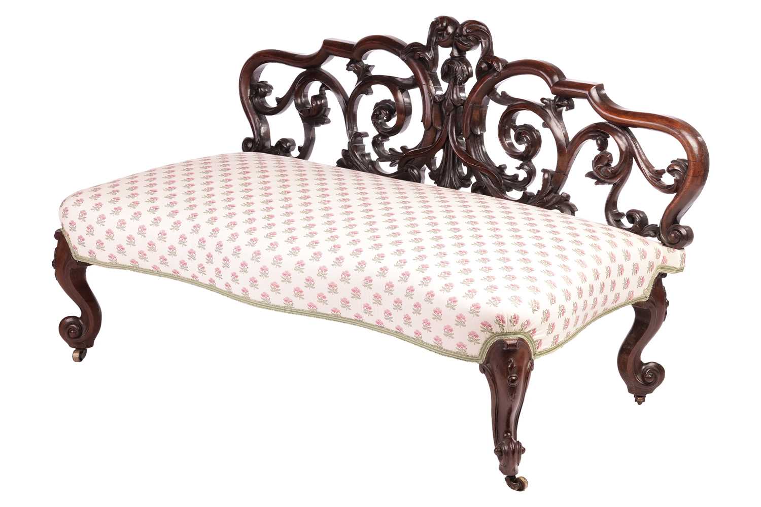 An unusual Victorian rosewood window seat/Couch, with an openwork back carved with scrolls over a st - Image 3 of 7