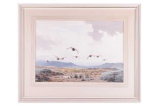 John Cyril Harrison (1898-1985), Red Grouse flying over marshlands, signed 'J. C. Harrison' (lower