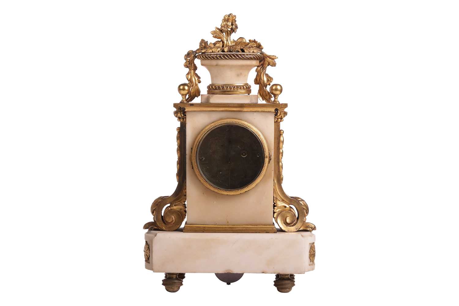 A late 19th century French white marble and gilt metal mantel timepiece clock, the top with a basket - Image 4 of 9