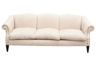 A contemporary triple camelback three-seat sofa, with oatmeal herringbone silk stuff over upholstery